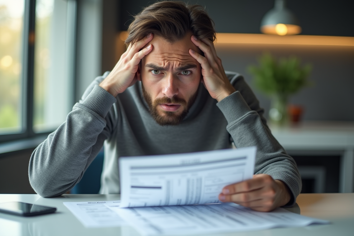 Adulte inquiet regardant un relevé financier et une carte de sécurité sociale