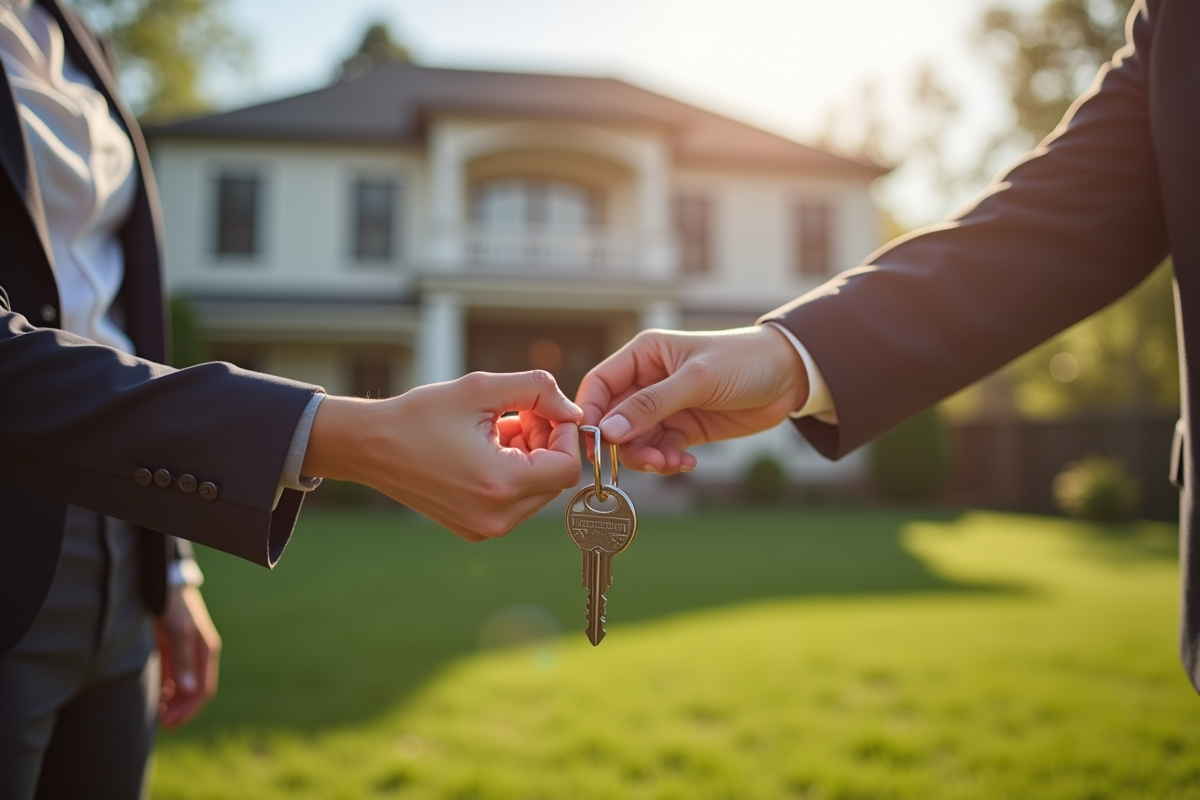 Agent immobilier remettant les clés à une famille heureuse