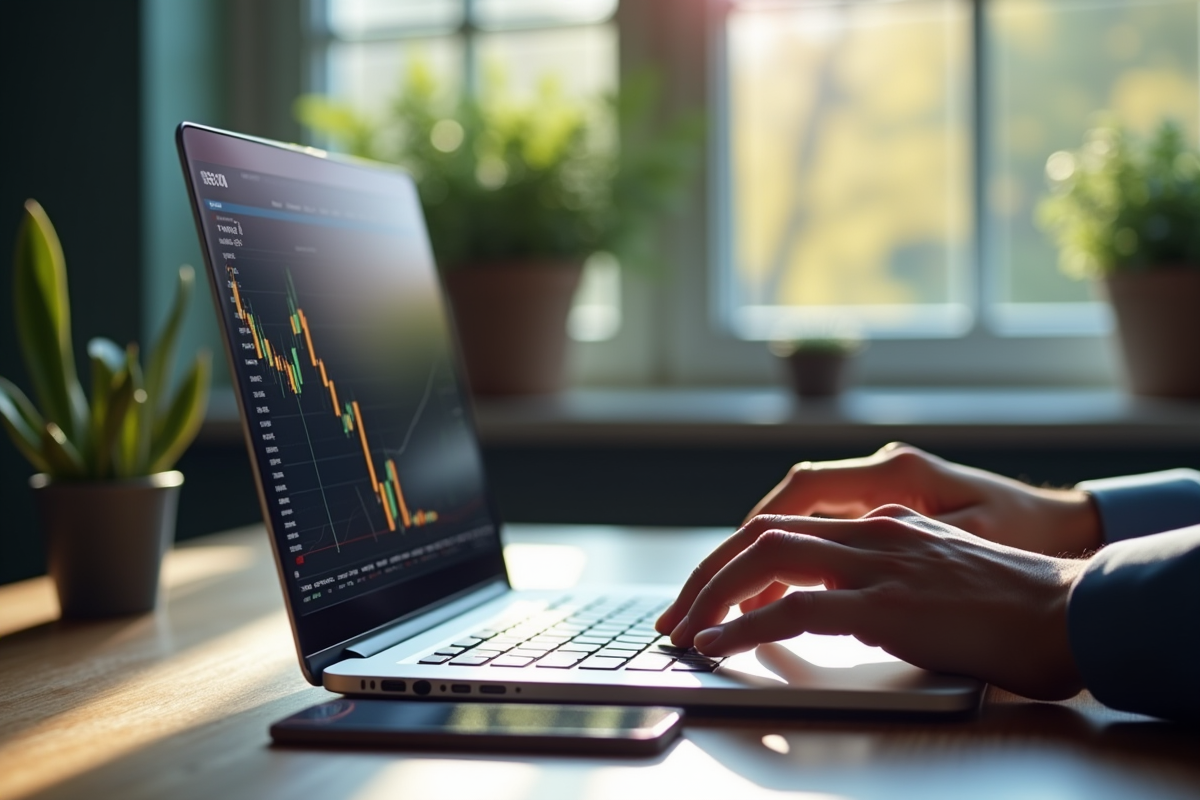 Personne analysant des graphiques financiers sur un ordinateur portable dans un bureau lumineux