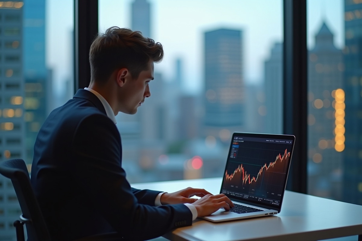 Jeune professionnel analysant la performance du Bitcoin sur un ordinateur portable