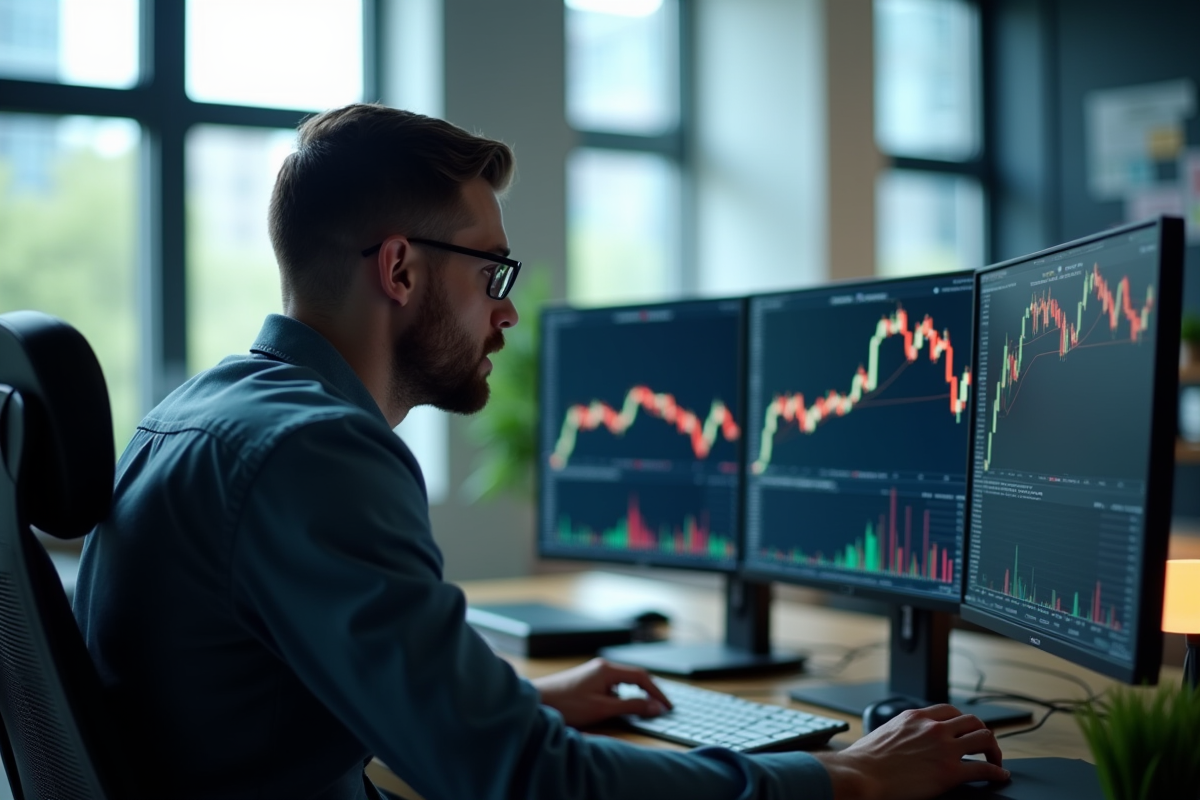 Professionnel analysant graphiques boursiers sur grand écran lumineux