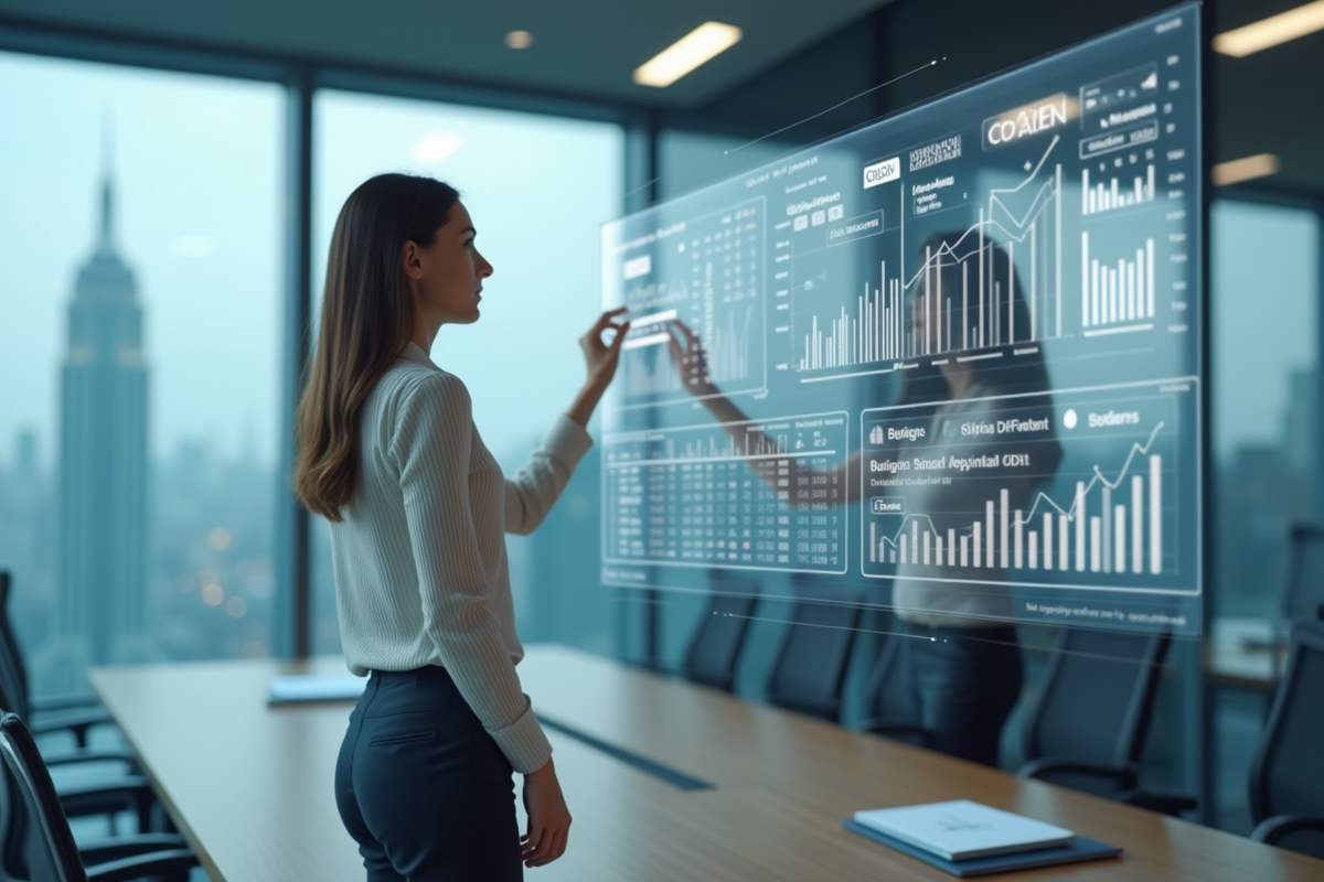 Jeune analyste femme utilisant un écran tactile