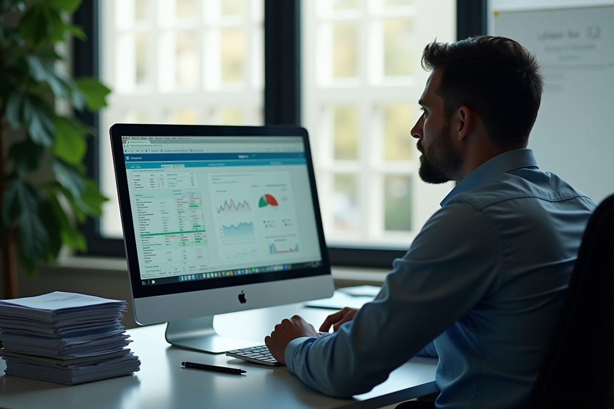 Analyste financier pensif à son bureau avec feuilles et écran
