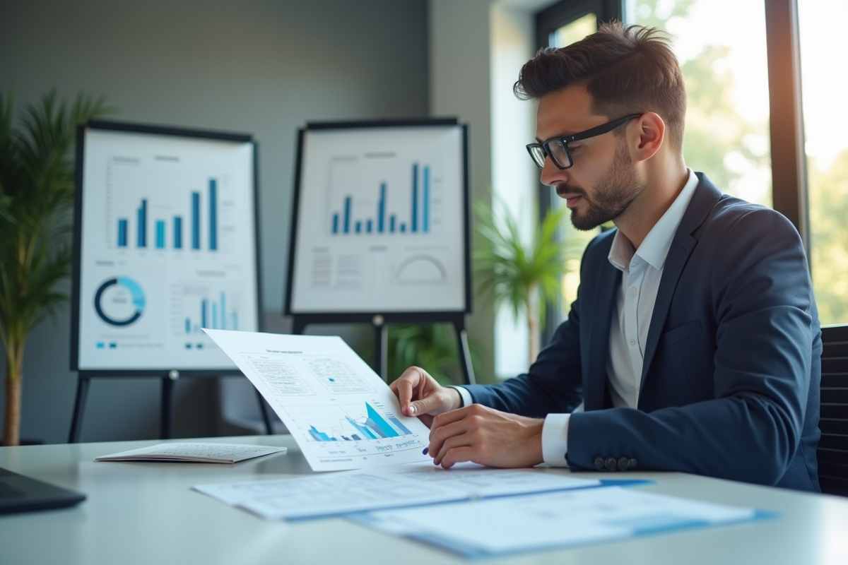 Analyste financier examinant des graphiques et documents