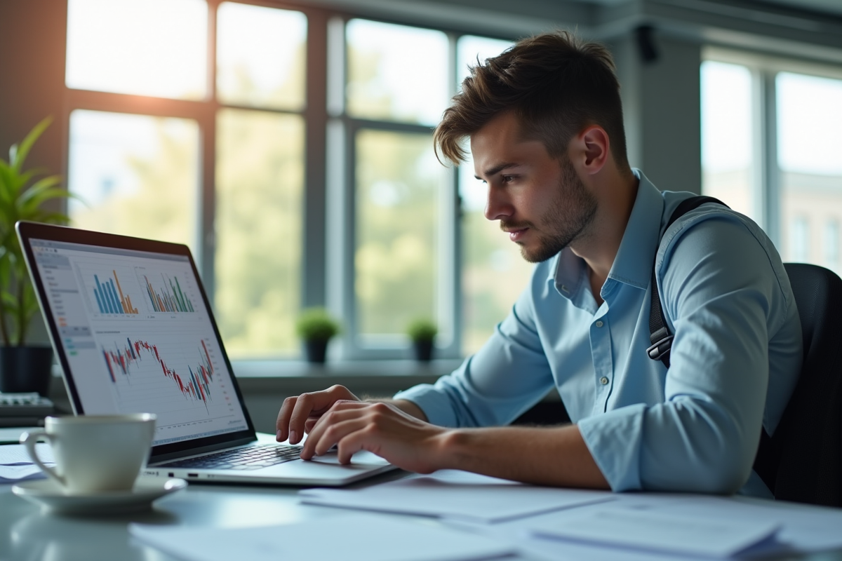Jeune professionnel analysant des graphiques financiers sur un ordinateur lumineux