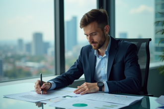 Analyste financier en costume bleu examinant des graphiques