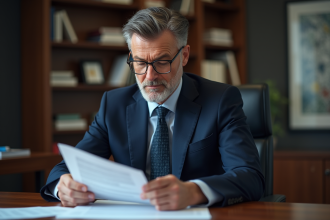 Avocat en costume bleu lisant des documents juridiques