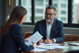 Homme d'affaires en costume bleu examinant un contrat dans une banque