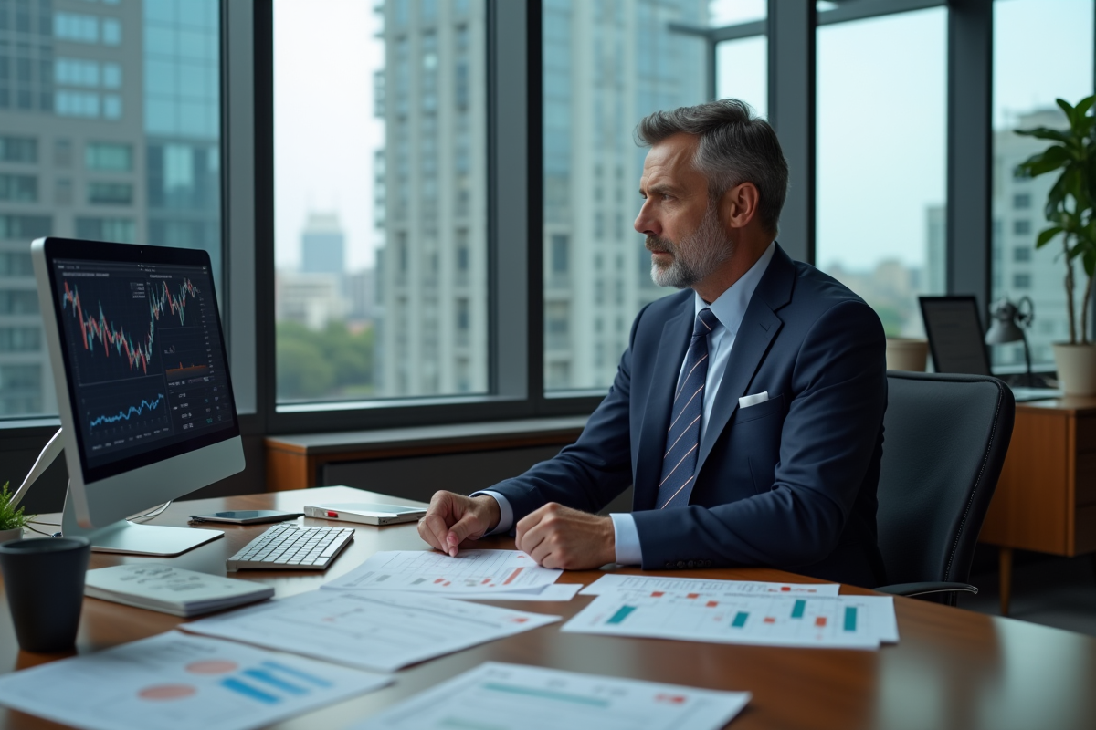 Banquier en costume bleu analysant un rapport financier