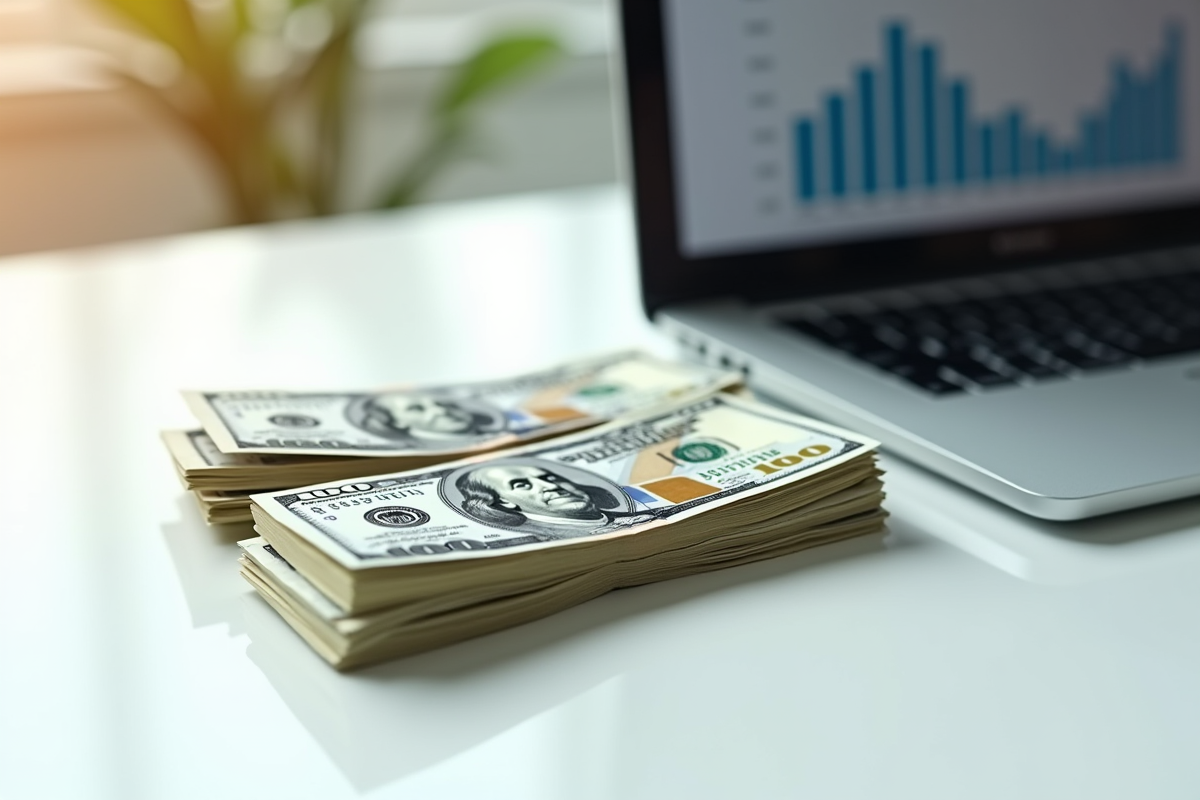 Pile de billets de cent dollars sur un bureau blanc avec un graphique