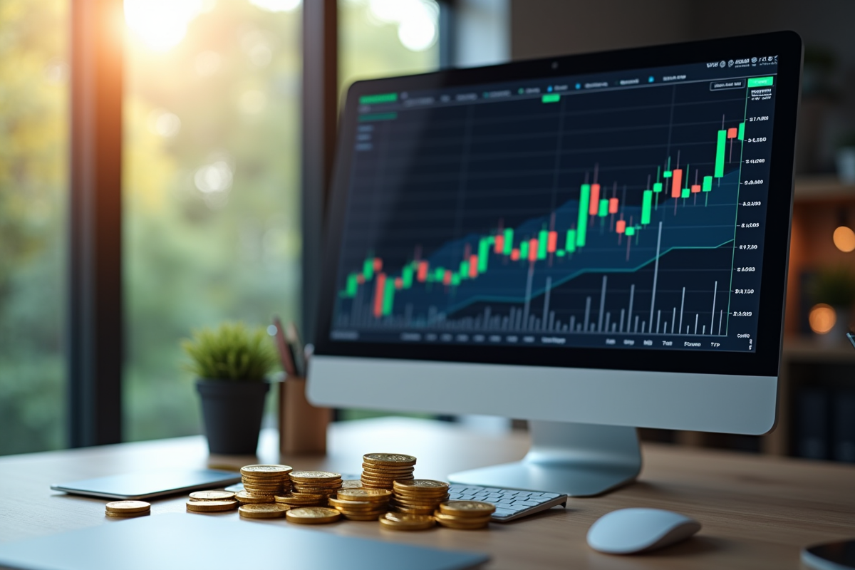 Espace de travail professionnel avec écran crypto et pièces d'or