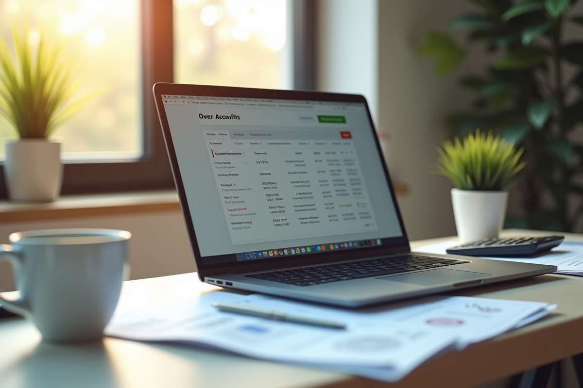 Bureau moderne avec ordinateur et documents financiers le matin