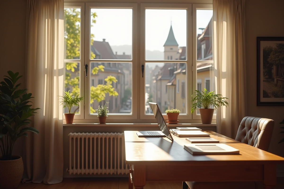 Bureau lumineux avec vue sur vieille ville européenne