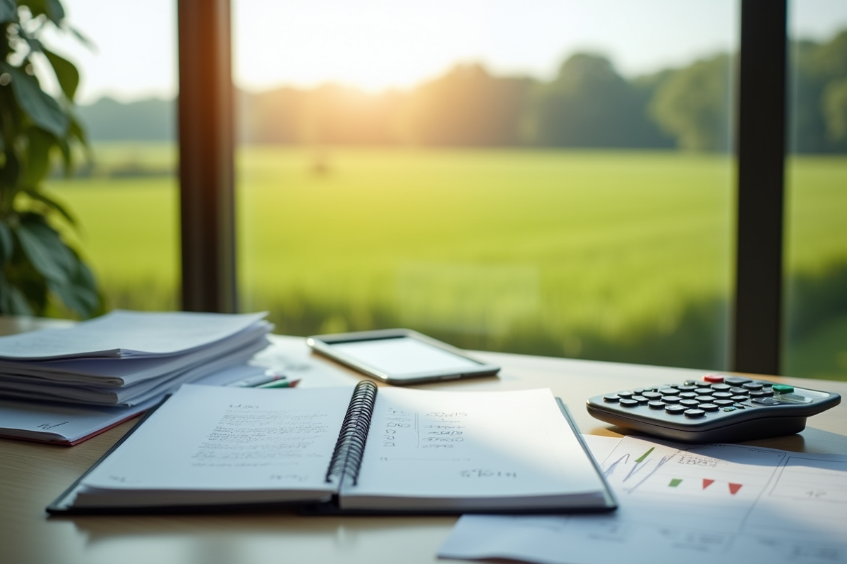 Bureau avec documents et vue sur la ferme ensoleillee