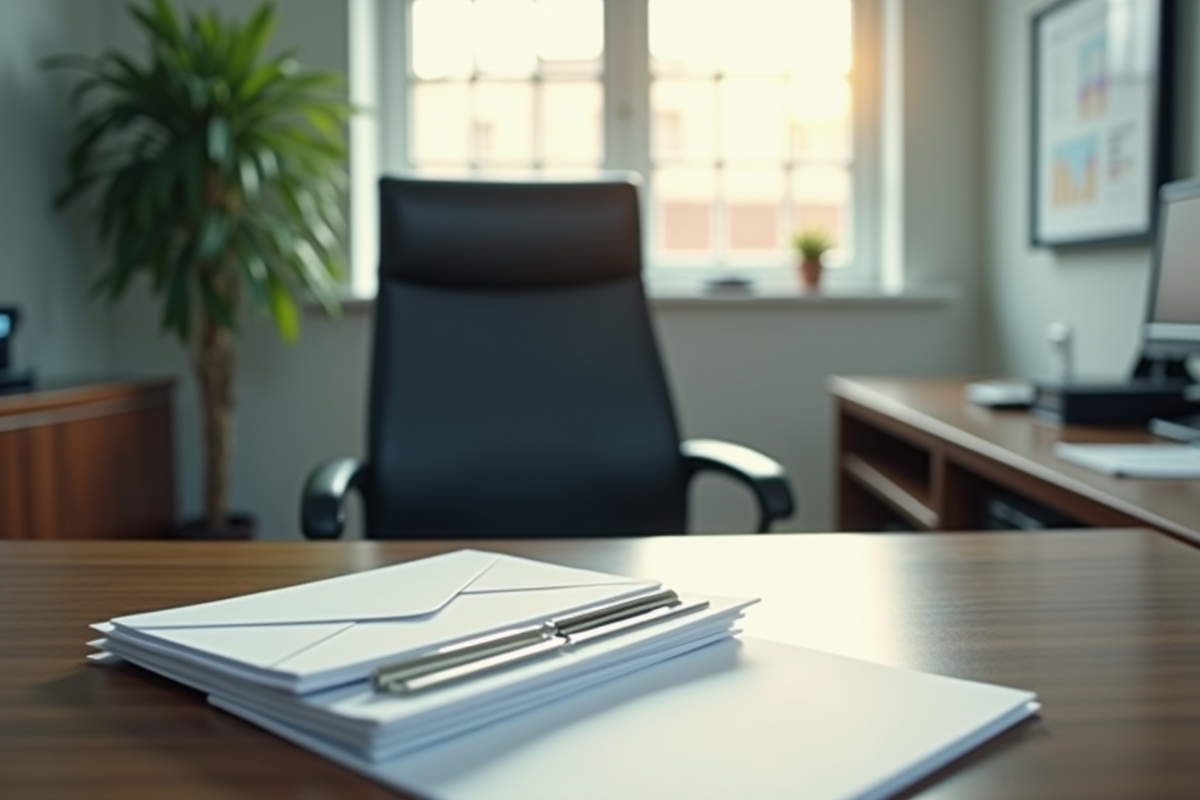 Chaise de bureau vide avec documents et enveloppe sur le bureau
