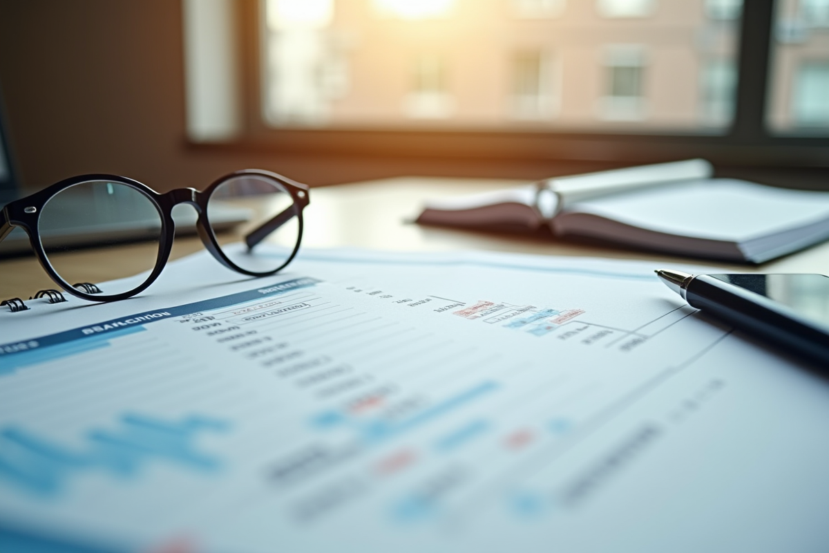 Bureau avec carnet et documents financiers ESG sur la table