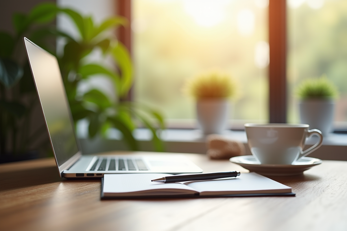 Espace de travail moderne lumineux avec ordinateur et plantes