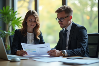 Cadre d'affaires examinant des documents financiers dans un bureau lumineux