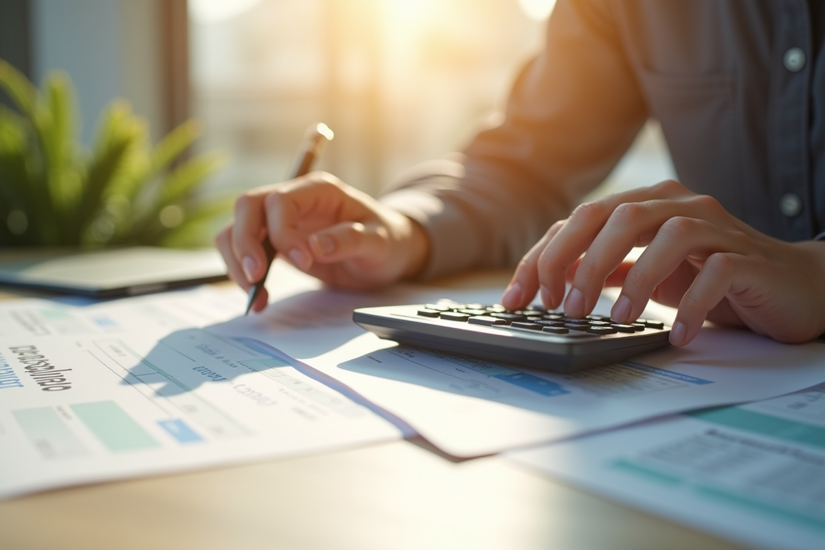 Mains utilisant une calculatrice et remplissant des documents bancaires à la maison
