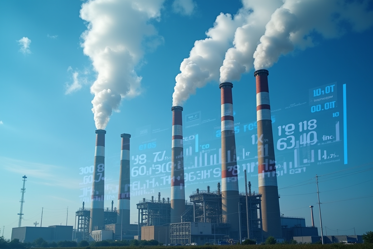 Cheminées industrielles émettant de la vapeur avec données et graphiques