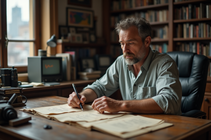 Homme d'âge moyen examinant des documents anciens dans un bureau