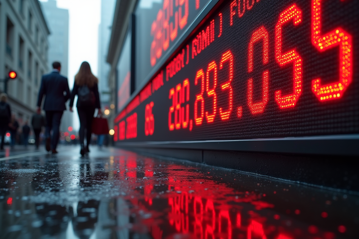 Chiffres boursiers en chute reflet sur sol mouille après pluie