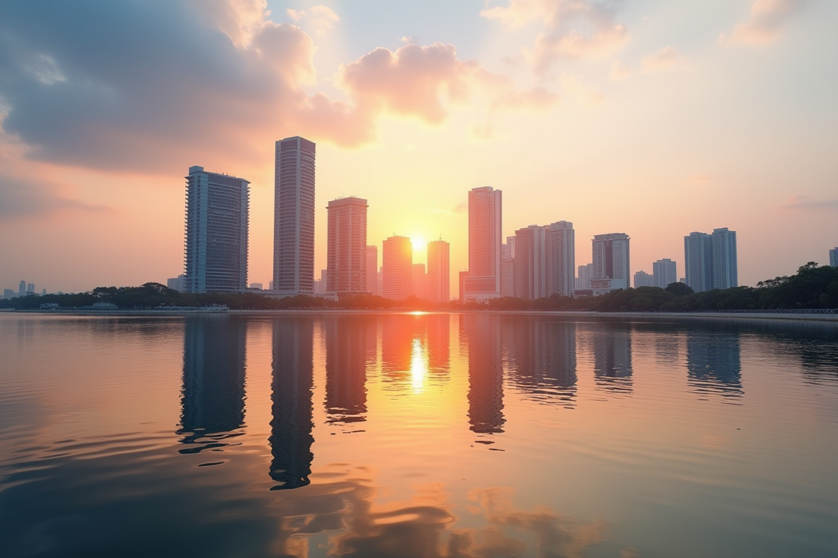 Ciel urbain moderne au lever du soleil reflet dans l'eau
