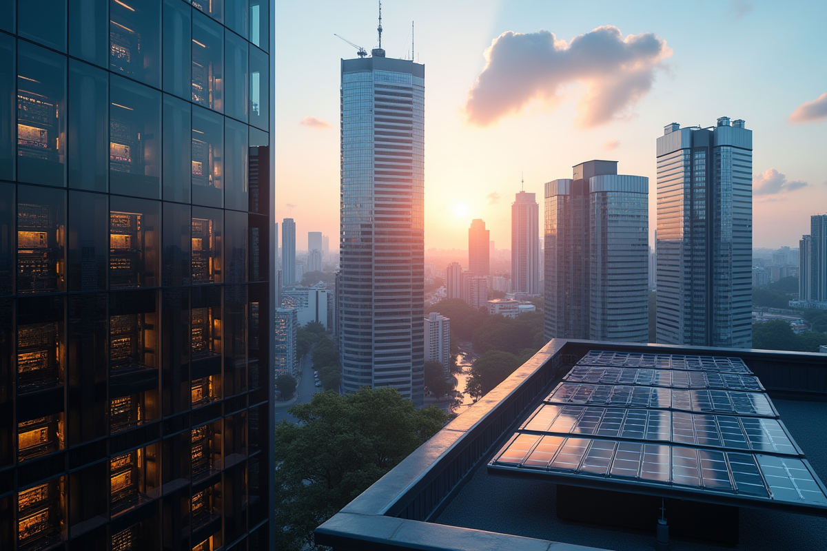 Paysage urbain avec gratte-ciel reflet dans l'eau et panneaux solaires