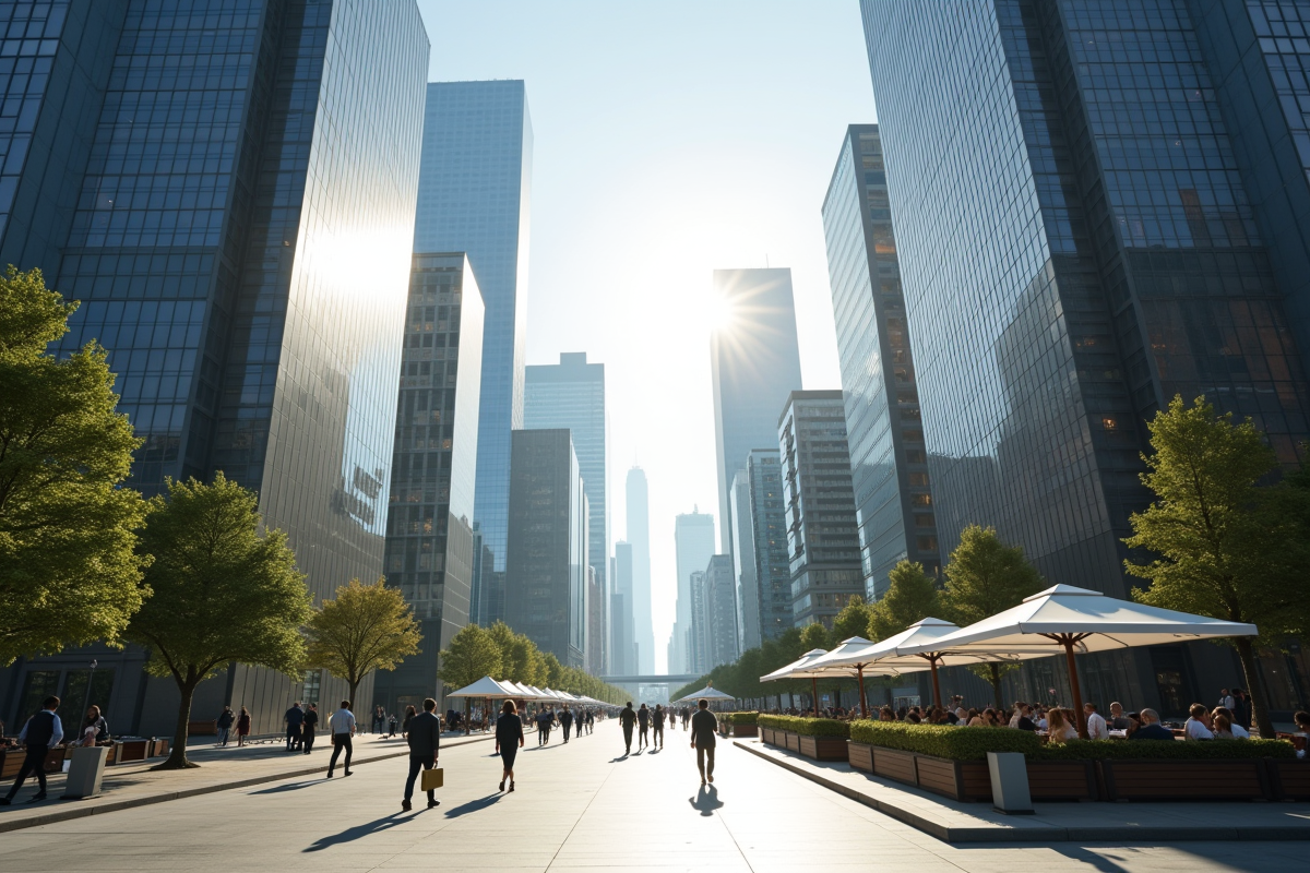 Paysage urbain moderne avec quartier financier et passants