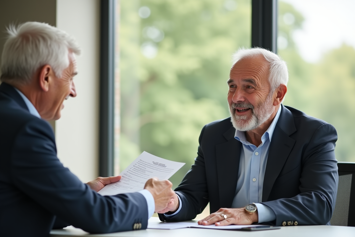 Conseiller aidant un senior avec formulaire dans un bureau moderne
