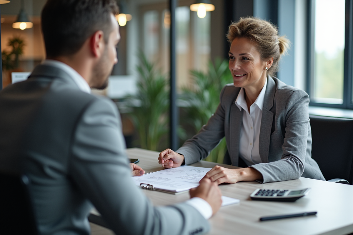 Conseiller financier et client discutant de documents de prêt