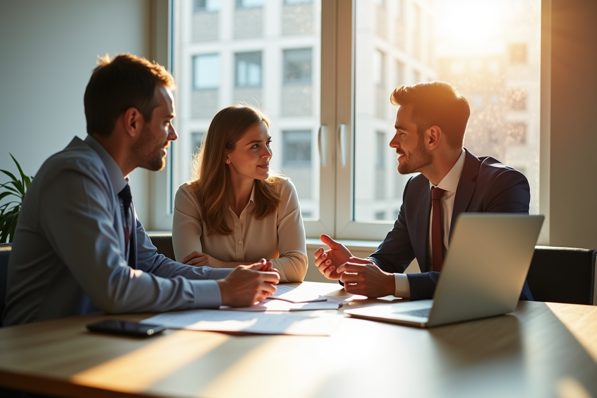 Conseiller financier discutant avec un couple dans un bureau lumineux