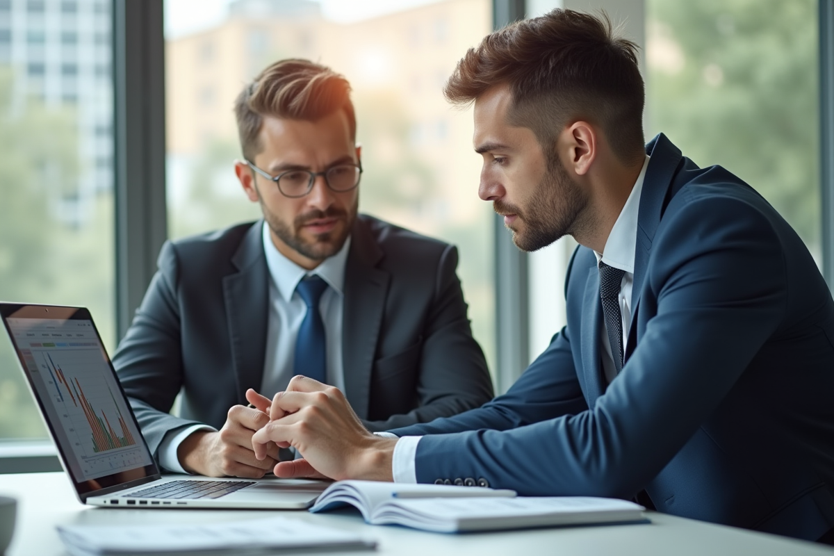 Conseiller financier et client discutant devant un ordinateur lumineux