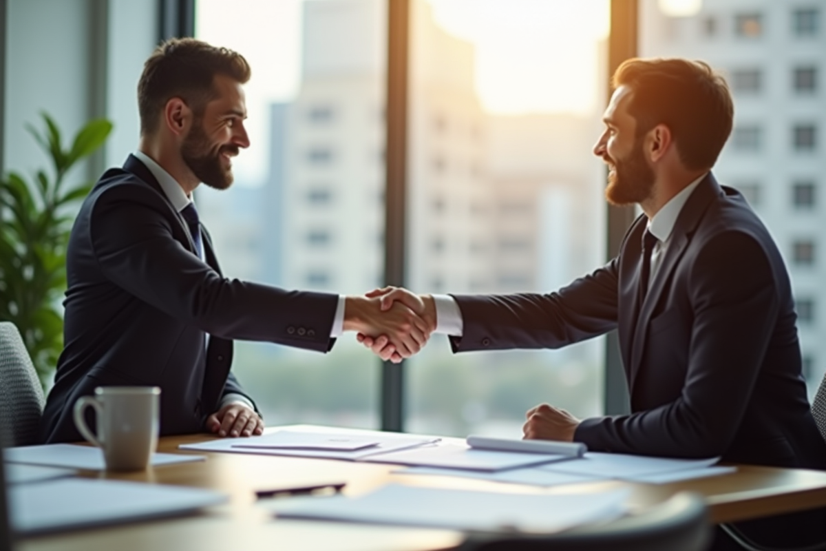 Conseiller financier et client se serrant la main dans un bureau lumineux
