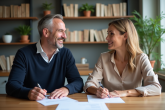 Deux adultes souriants lors d'une discussion à la maison