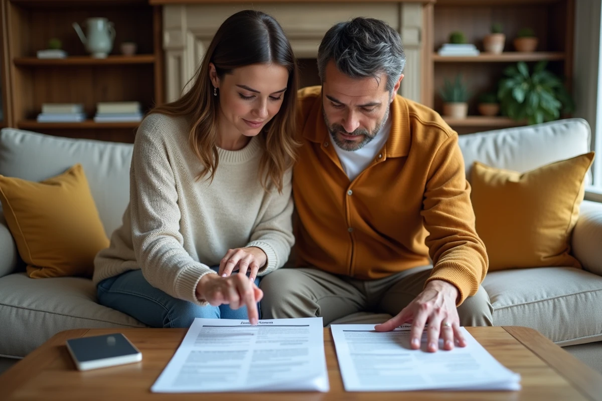 Couple passant en revue des documents d'assurance ensemble sur un canapé dans un salon français chaleureux