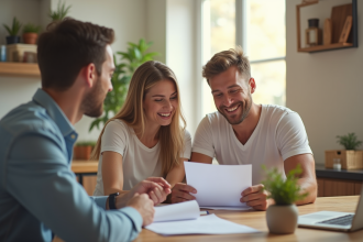 Jeune couple confiant avec agent d'assurance dans une cuisine lumineuse