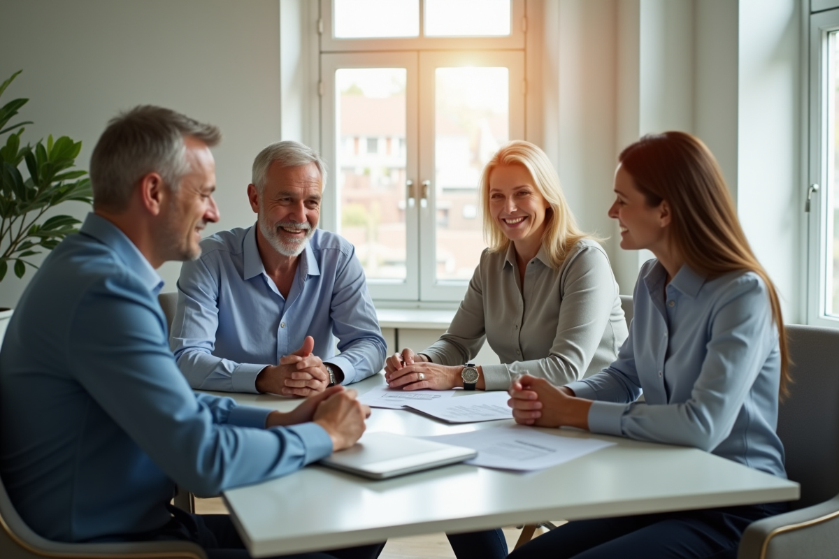 Couple d'adultes avec conseiller financier dans un bureau lumineux