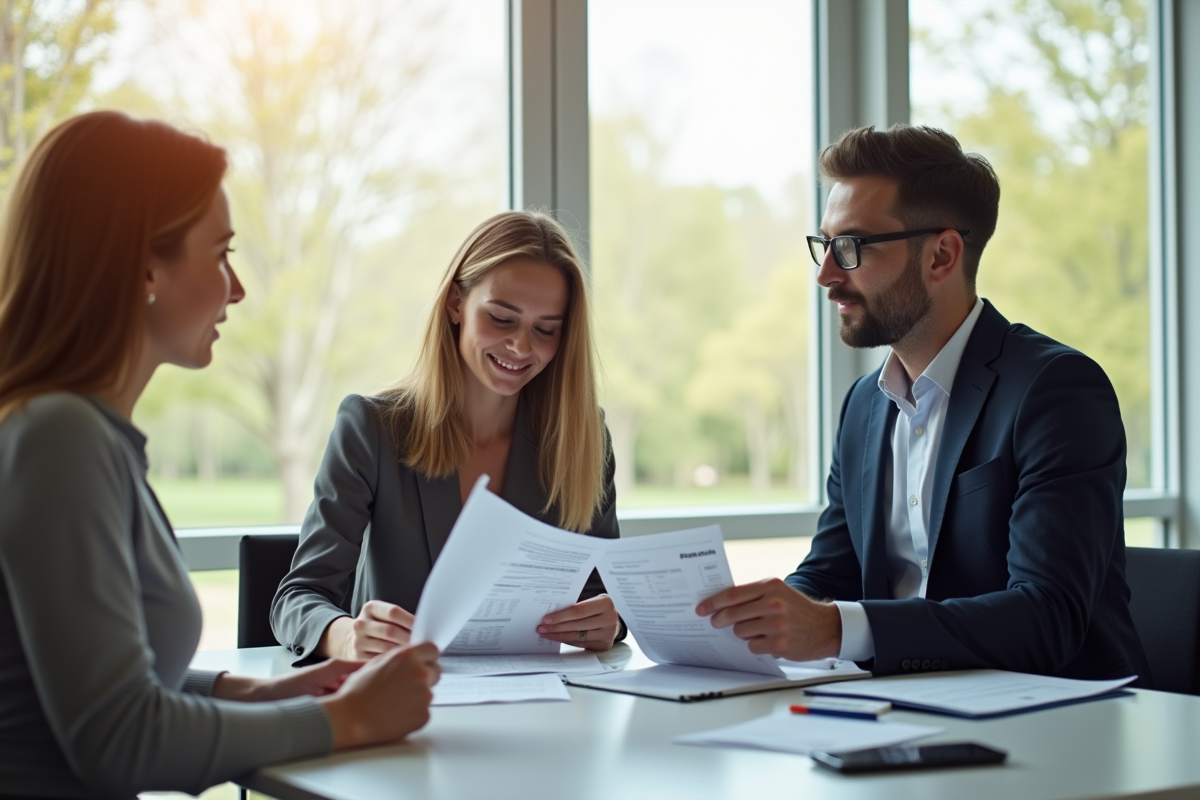 Jeune couple avec conseiller financier analysant documents