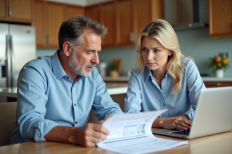 Couple d'adultes concentrés sur documents de prêt immobilier