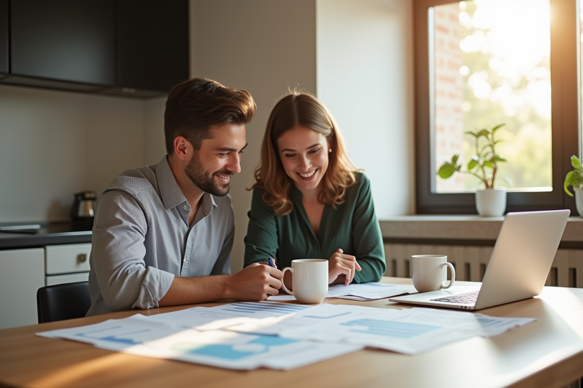 Jeune couple souriant à la cuisine avec documents financiers