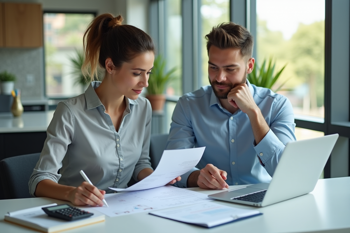 Jeune couple professionnel analysant des documents financiers