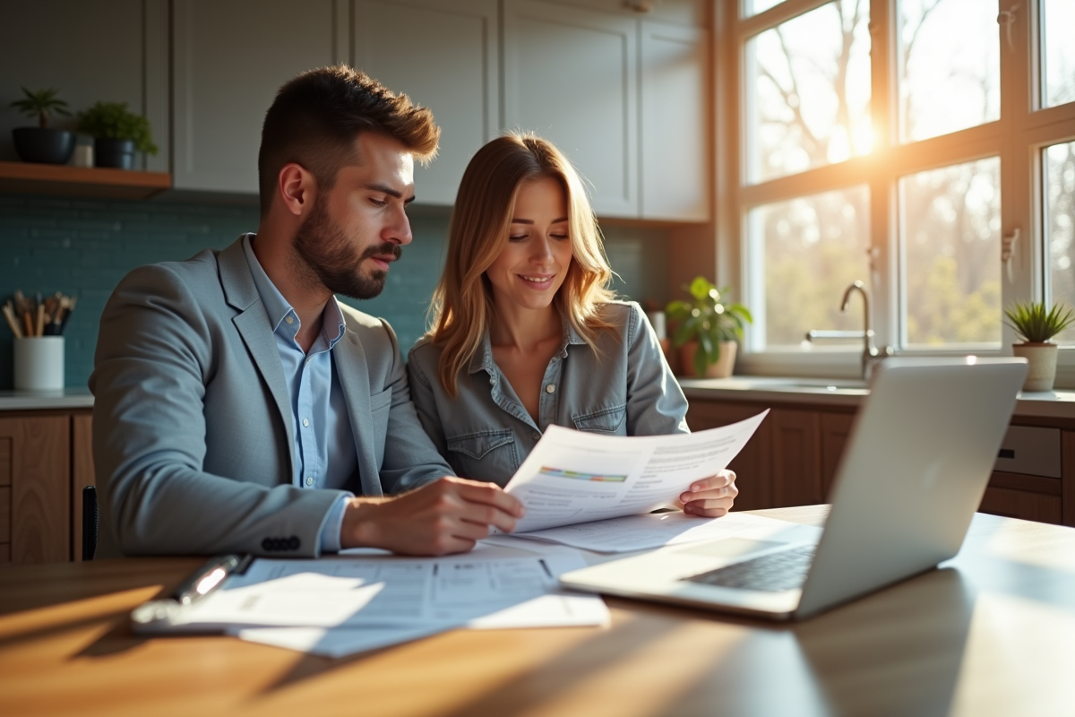 Couple à la cuisine examinant des documents financiers