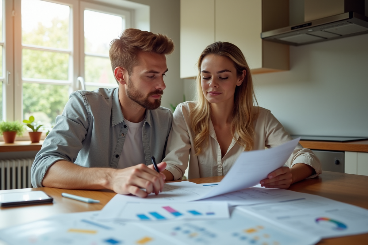 Jeune couple à la cuisine examine des documents financiers
