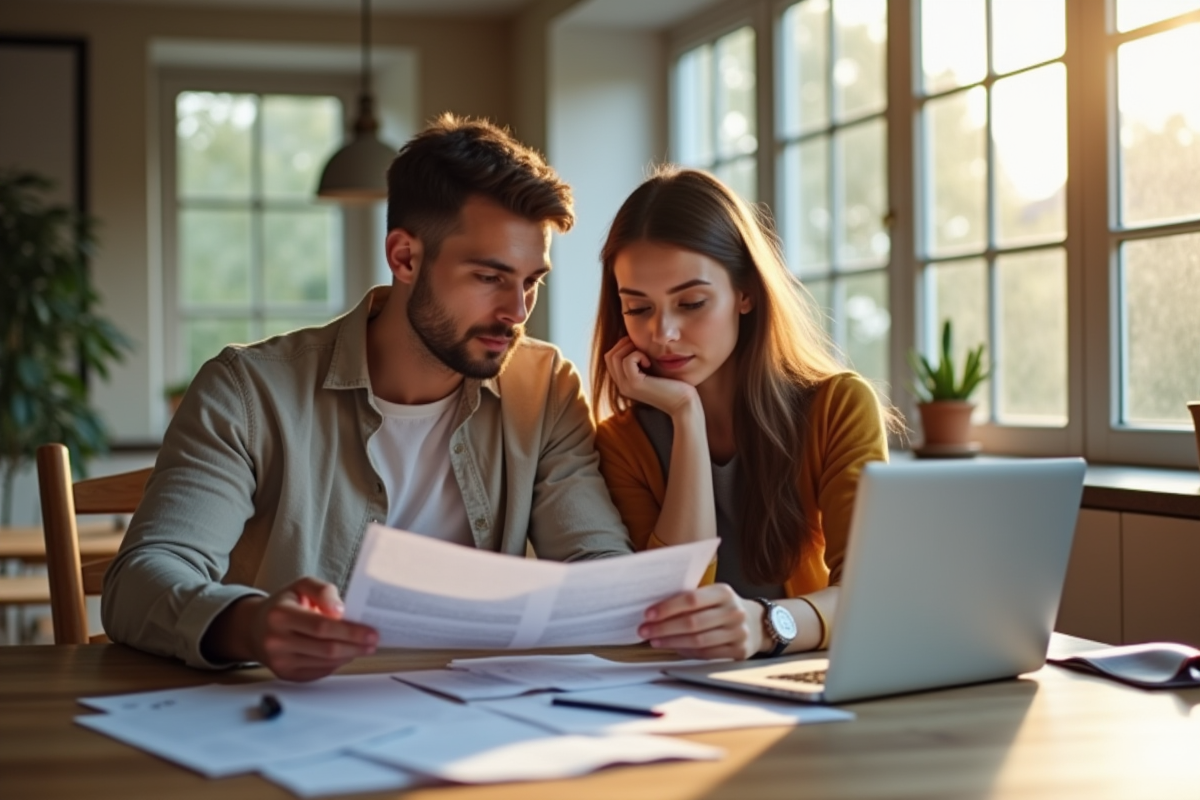 Jeune couple analysant des documents financiers à la maison