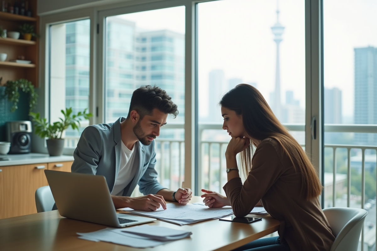 Jeune couple professionnel analysant des documents financiers