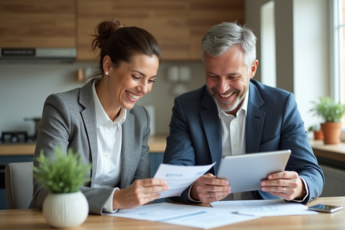 Couple souriant examinant documents immobiliers