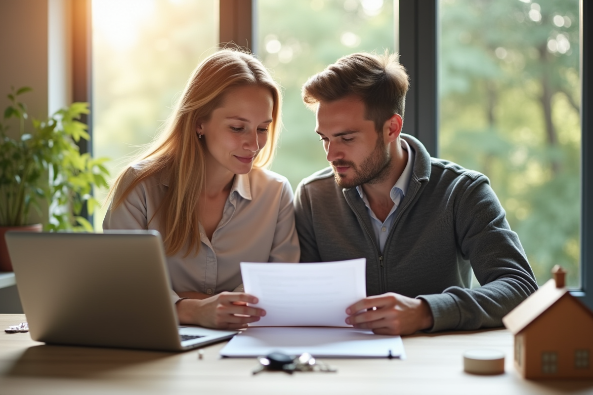 Jeune couple analysant des documents financiers dans un salon lumineux