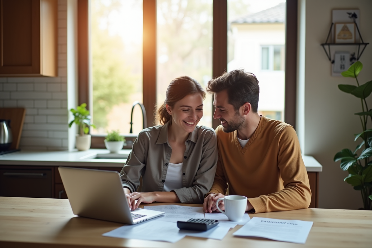 Couple souriant à la maison examine assurance hypothécaire