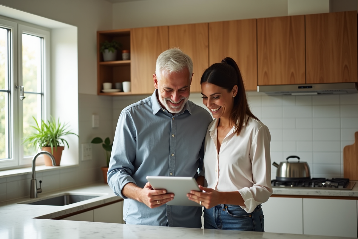Couple regardant une tablette dans une cuisine lumineuse